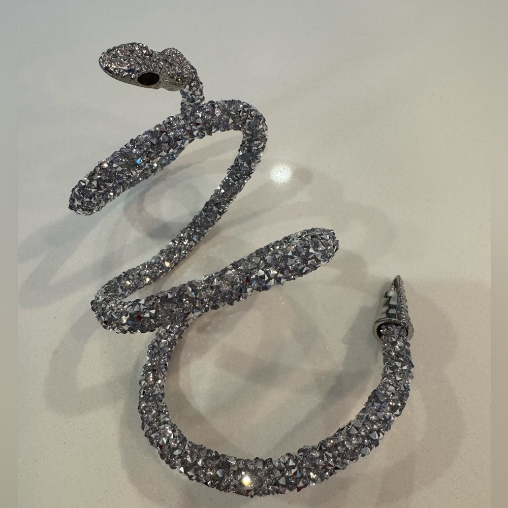 Sparkling Silver Snake Bracelet Cuff, Adjustable